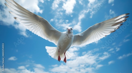 seagull fly against the blue sky with clouds. Sea bird gracefully fly in the air. Generative AI © Margo_Alexa