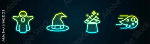 Set line Ghost, Witch hat, Magic and Fireball. Glowing neon icon. Vector