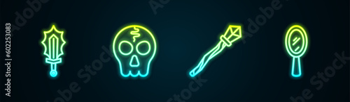 Set line Magic sword in fire, Skull, staff and hand mirror. Glowing neon icon. Vector