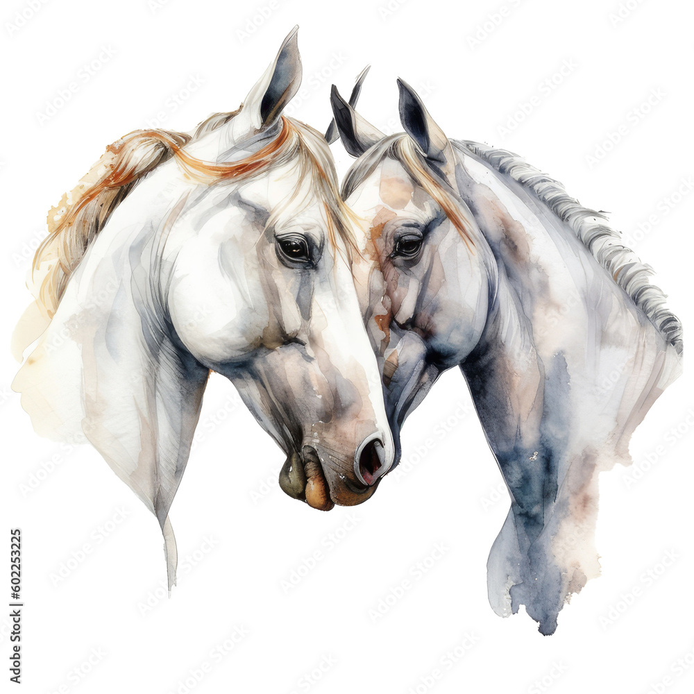 Watercolor two horses next to a couple