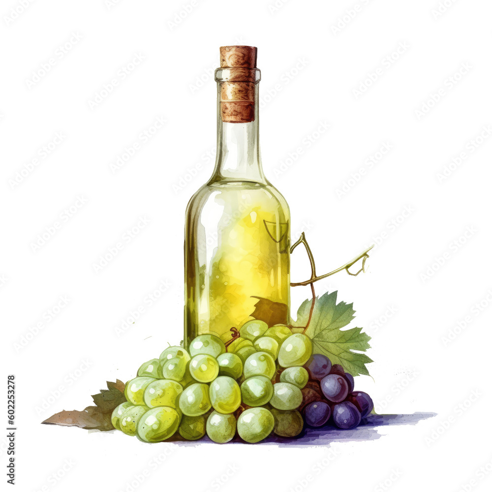 Fototapeta premium Watercolor bottle of wine and bunch of grapes