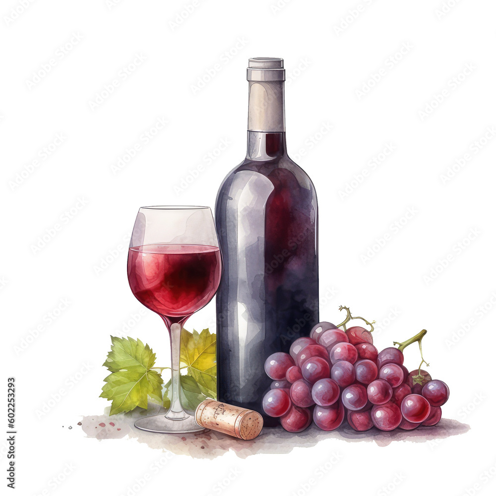 Fototapeta premium Watercolor bottle of wine and bunch of grapes
