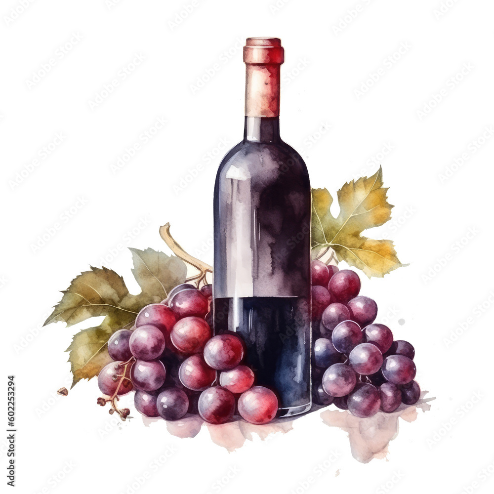 Watercolor bottle of wine and bunch of grapes