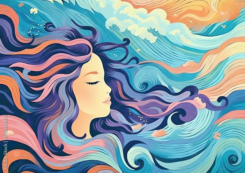Sleeping girl with long hair dreaming in the waving clouds.Psychic waves concept.Esoteric calming background with soothing colors.Generative AI. Sleeping girl with long hair dreaming in the waving clouds.Psychic waves concept.Esoteric calming background with soothing colors.Generative AI.