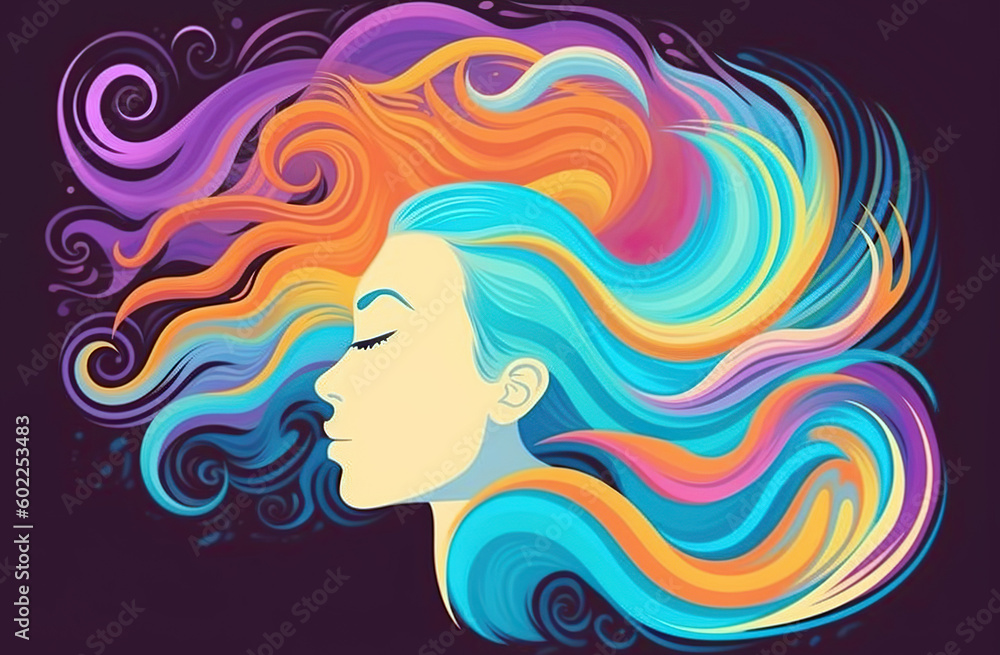 Sleeping girl with long hair dreaming in the waving clouds.Psychic waves concept.Esoteric calming background with soothing colors.Generative AI.
