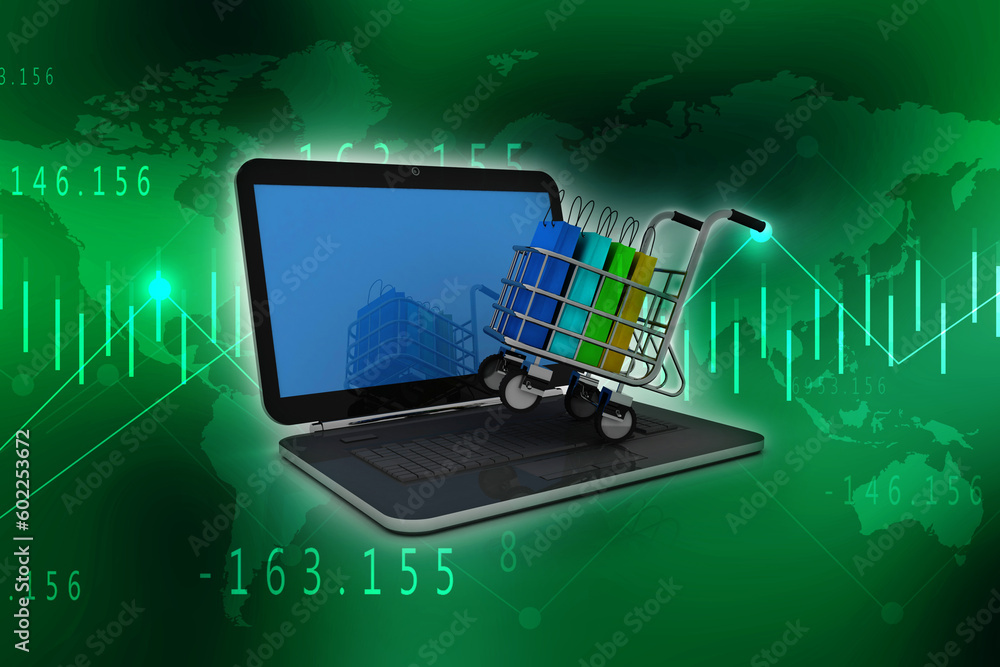 3d rendering e-shopping concept, shopping bag in trolley with laptop
3d rendering e-shopping concept, shopping bag in trolley with laptop