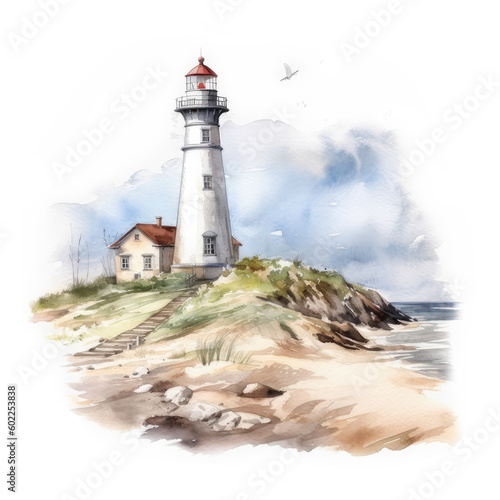Watercolor lighthouse in the middle of the sea