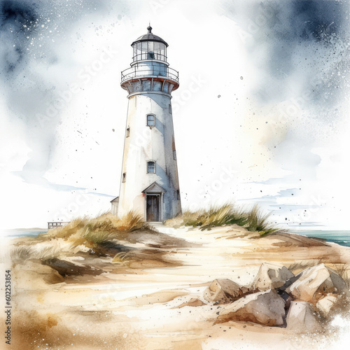 Watercolor lighthouse in the middle of the sea