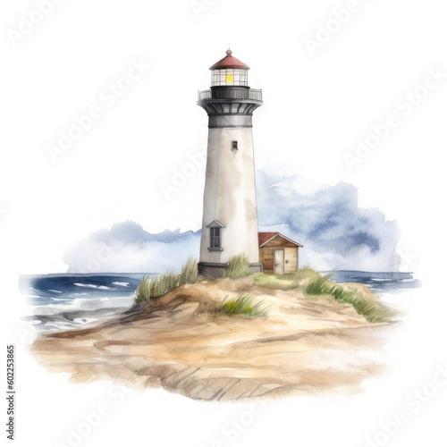 Watercolor lighthouse in the middle of the sea
