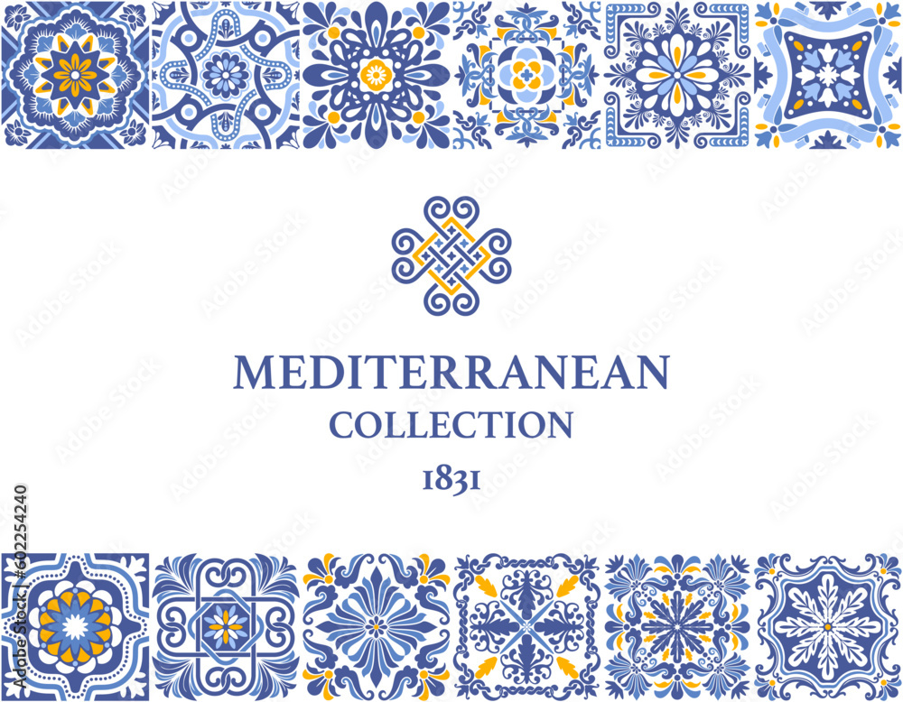 Label or business card template with azulejo mosaic tile pattern, blue, white, yellow colors, floral motifs. Mediterranean, Portuguese, Spanish traditional vintage style. Vector illustration - obrazy, fototapety, plakaty 