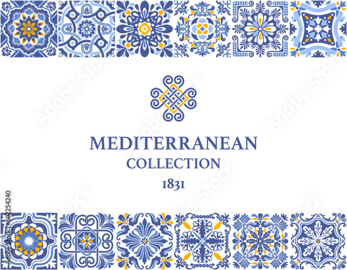 Label or business card template with azulejo mosaic tile pattern, blue, white, yellow colors, floral motifs. Mediterranean, Portuguese, Spanish traditional vintage style. Vector illustration