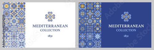Label or business card template with azulejo mosaic tile pattern, blue, white, yellow colors, floral motifs. Mediterranean, Portuguese, Spanish traditional vintage style. Vector illustration photo