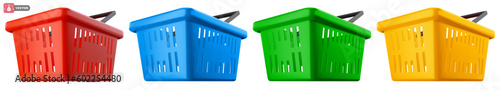 Empty shopping basket set. Realistic 3d shopping cart in different colors, red, blue, green, yellow, isolated on white background. Vector illustration