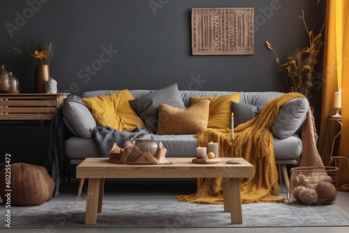 house home boho decor interior yellow cushion sofa modern grey pillow. Generative AI.