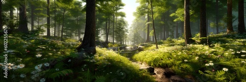 Summer Forest landscape illustration with run rays. AI Generative Art.