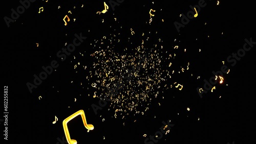 A heart that explodes into a golden musical note particle on black background. 4K Video motion graphic animation