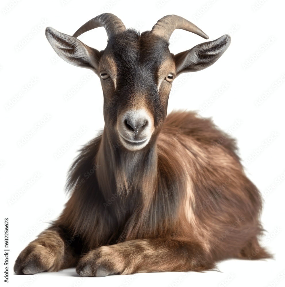 The brown horned goat lies quietly and rests. Isolated on white background. KI.