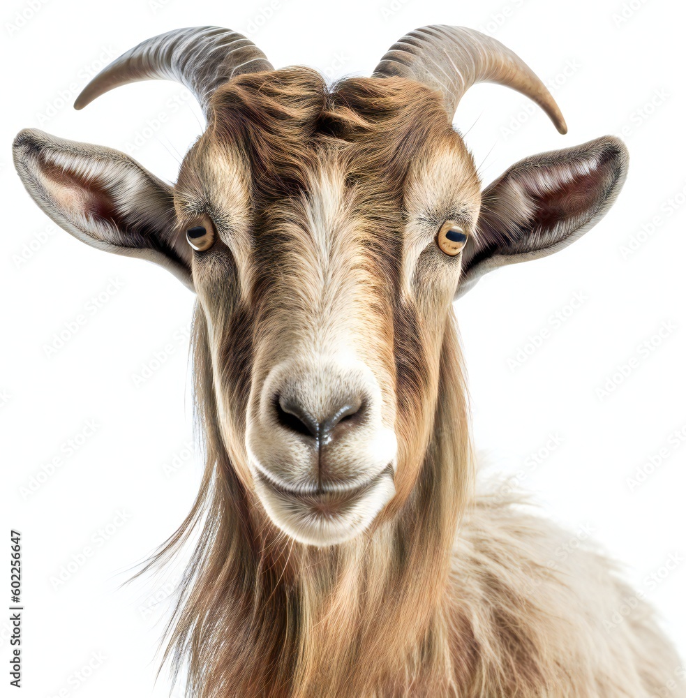 Close-up portrait of a brown horned goat. Isolated on white background. KI. Close-up portrait of a brown horned goat. Isolated on white background. KI.