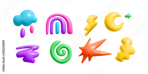 3d render color abstract weather icons. Kid doodle graphic element. Cute cloud, star, moon, rainbow doodle in trendy moden style. Vector cartoon illustration