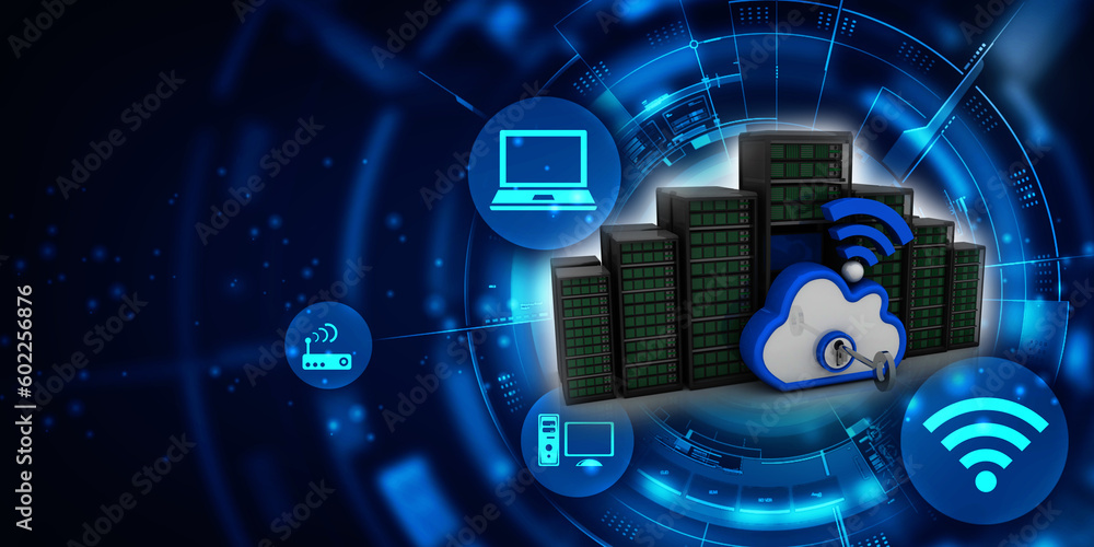 3d illustration data center server with cloud wifi 3d illustration data center server with cloud wifi