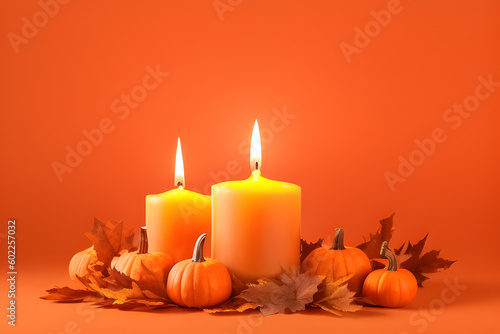 Halloween pumpkin and candles decorations. Generative AI