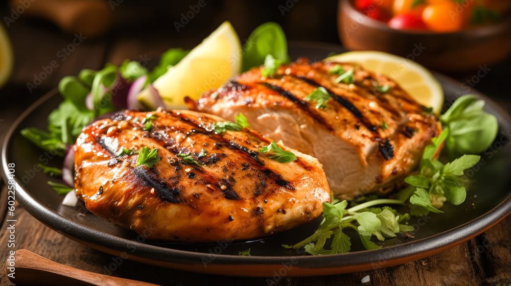 Closeup of tasty roast chicken breast served on plate . Delicious food. Grilled chicken. Generative AI Closeup of tasty roast chicken breast served on plate . Delicious food. Grilled chicken. Generative AI