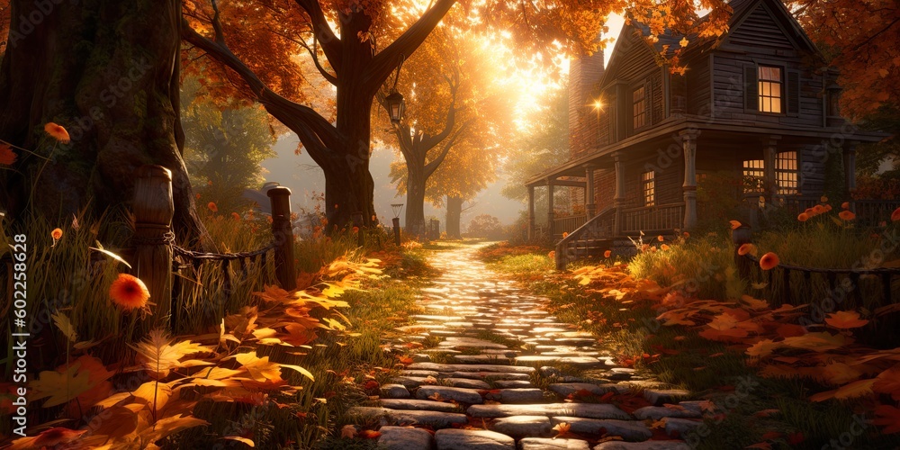 Obraz premium Autumn scene with trees turning orange and brown. AI Generative Art