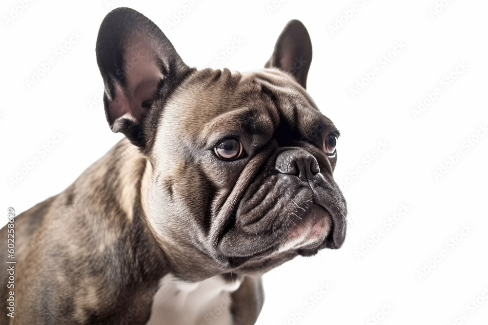 Portrait of brindle French Bulldog dog on white background. Generative AI illustration