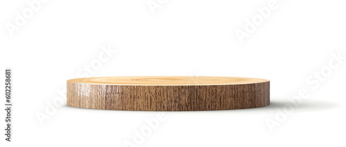 Wooden circle board plate white background. Kitchen stand tray wood podium. 3d tree trunk stump. Realistic vector illustration.