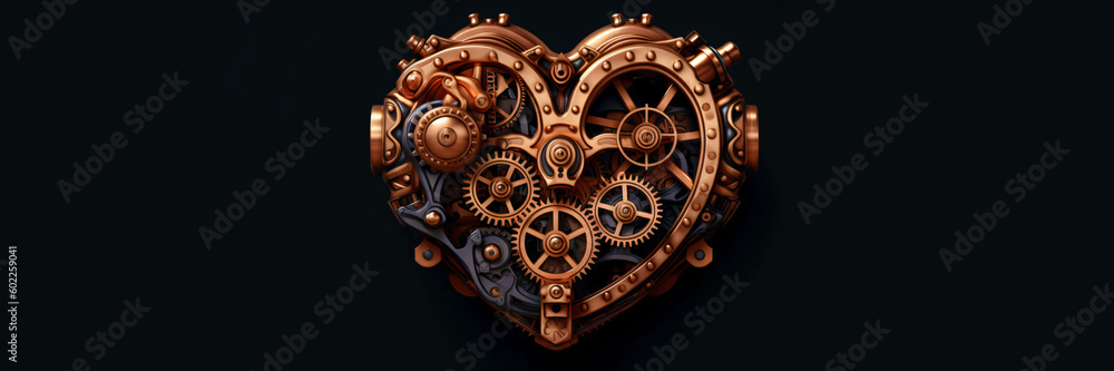 steampunk heart isolated on black background, banner, header, wallpaper, generative ai