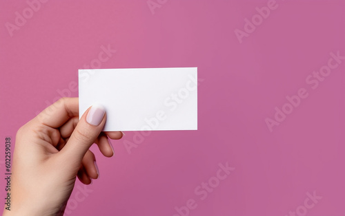 The hand of a lady gripping a white piece of paper with space for messages or reminders. Generative AI 