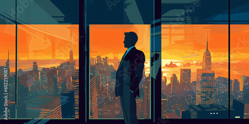 business man in the highest apartment looks out the window sadly over the city, depressive mood, money doesn't buy happiness in flat 2d pop art style, generative ai