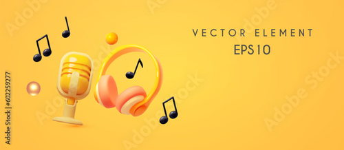 Music concept. Headphones. music notes and retro vocal microphone.