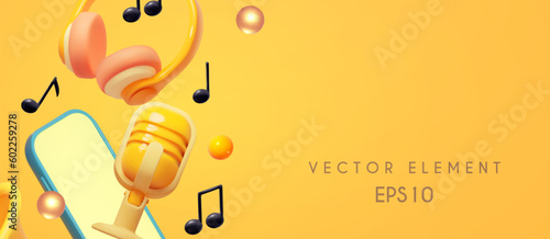 Mobile music concept. Headphones. music notes and retro vocal microphone.