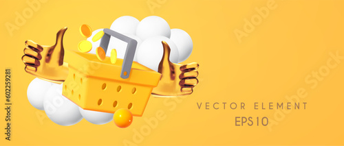 Super sale design template with yellow shopping basket and thumbs up sign.