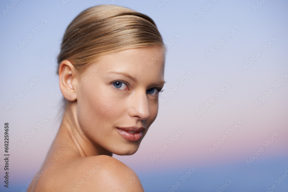 Woman in portrait, face and beauty with natural care, cosmetics and healthy skin mockup space for wellness. Female model, dermatology and skincare, facial spa treatment or hygiene and grooming on sky Woman in portrait, face and beauty with natural care, cosmetics and healthy skin mockup space for wellness. Female model, dermatology and skincare, facial spa treatment or hygiene and grooming on sky