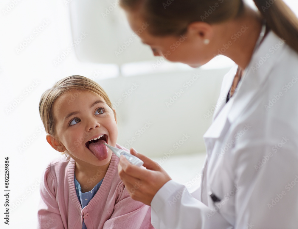 Kid, doctor and thermometer in mouth for medical risk, assessment and check infection. Pediatrician, happy girl and testing temperature of children for fever, virus or healthcare consulting in clinic - obrazy, fototapety, plakaty 