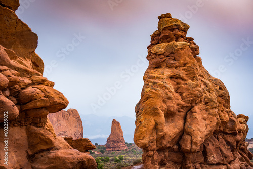 sandstone formations of arches nationalpark druing sunset in utah usa