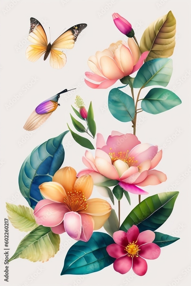 Water Colour Plants, Flowers, And Birds