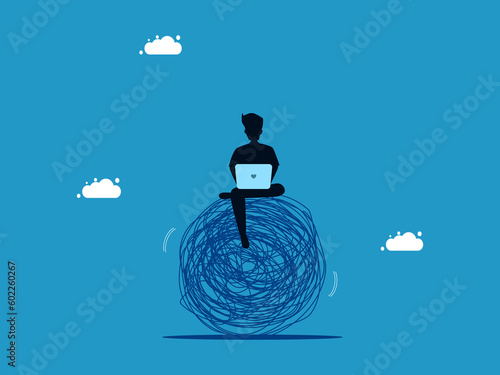 Control emotions while solving difficulties. Businessman balances chaos with laptop vector