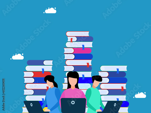 Study or search for large amounts of information. Business team working on laptop with stack of books vector