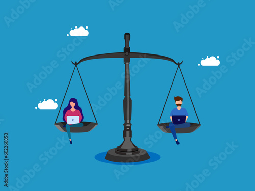 Equality. Man and woman working with laptop on balance scales vector