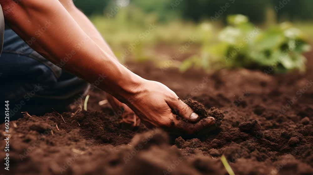Hand of farmer inspecting soil health before planting in organic farm. Soil quality Agriculture, gardening concept.