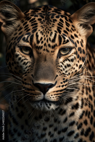 A close-up shot of a leopard's face, highlighting the intricate details of its stunning blue eyes and unique spots. AI Generative © sorapop