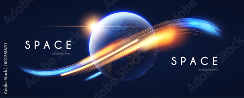 Space background. Universe, Earth planet and motion light. Futuristic design.