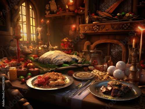 The Christmas Feast is a warm and inviting family gathering that takes place on Christmas Day in England, where loved ones come together to enjoy delicious and hearty foods such as Roast Turkey, Roast