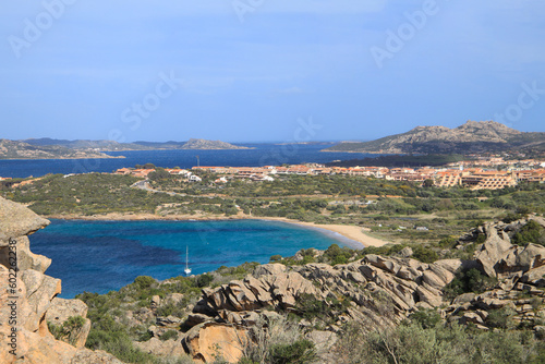 Palau with the beach La Sciumara (Spiaggia de La Sciumara)  and the islands La maddalena in background, Sardinia photo