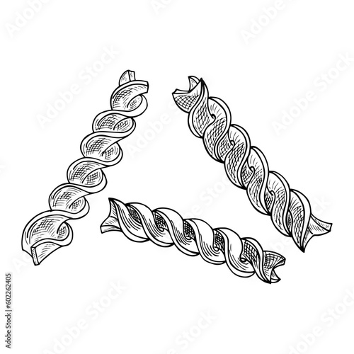 Fusilli pasta symbols or icons, hand drawn black line vector illustration isolated on white background. Fusilli pasta pieces in form of short spirals.