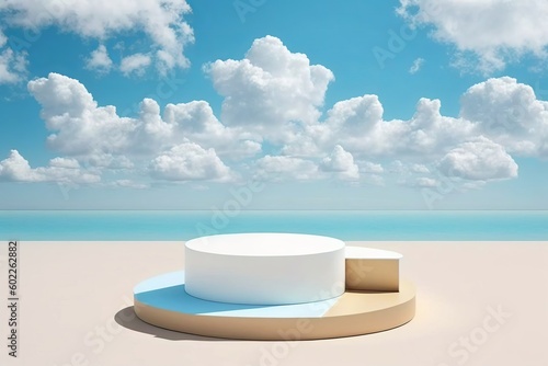 Product stand set against the backdrop of a serene beach with a clear blue sky. A perfect combination of relaxation and commerce in a picturesque setting. Generative AI.