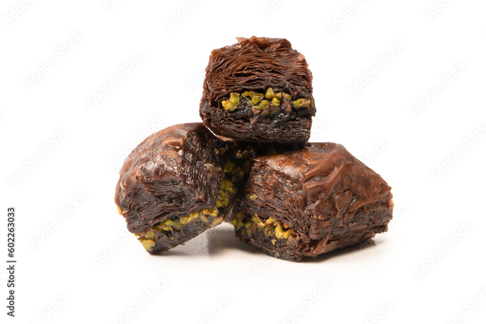 Turkish chocolate baklava isolated on white background. Turkish chocolate baklava isolated on white background.